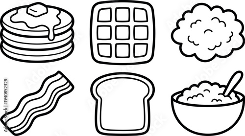 Line art breakfast icon set close up stack of pancakes waffle scrambled eggs bacon toast porridge bowl simple outline isolated monochrome
