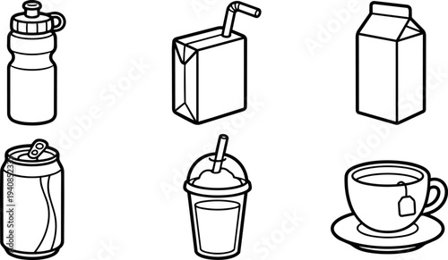 Flat design line art six beverage icons showing water bottle, juice box with straw, milk carton, soda can, frappe, tea