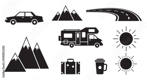 Travel icons set featuring car, RV, mountains and road