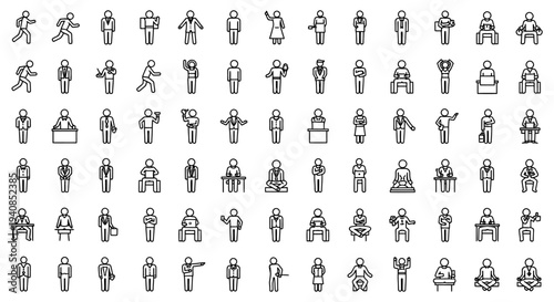 diverse collection of human pictogram icons illustrating various actions professions and daily life scenarios for ui ux and business.