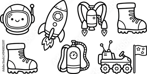 Whimsical kids doodle close up set of smiling astronaut helmet rocket jetpack rover boots and oxygen tank in black line art