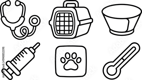 Line art minimal pet care icon set close up veterinary tools stethoscope syringe carrier bowl paw print thermometer on white background
