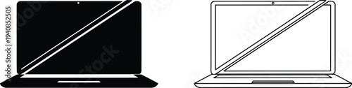 Modern laptop and monitor stand comparison isolated on transparent background, Vector