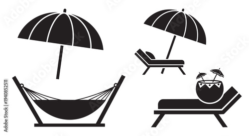 Beach relaxation vector illustration with hammock, lounge chair, and cocktail