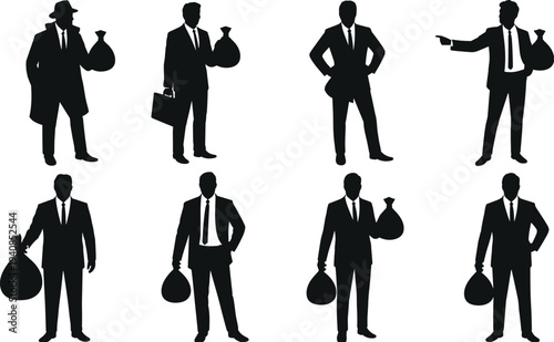 Businessman Silhouette Set Holding Money Bag Symbolizing Corporate Crime, Corruption, Mafia Wealth and Illegal Profit Concept for Finance, Business Risk, and Criminal Activity Illustration
