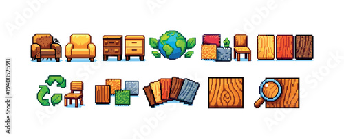 Furniture and sustainability icon set. eco, wooden elements in pixel art style
