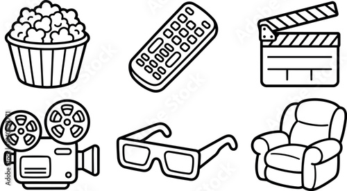 Line art icon set close up cinema essentials popcorn remote clapperboard camera 3d glasses armchair top view minimal vector monochrome