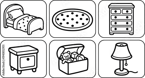 Line art icon set close up grid of six nursery furniture icons showing bed rug dresser nightstand toy chest and lamp