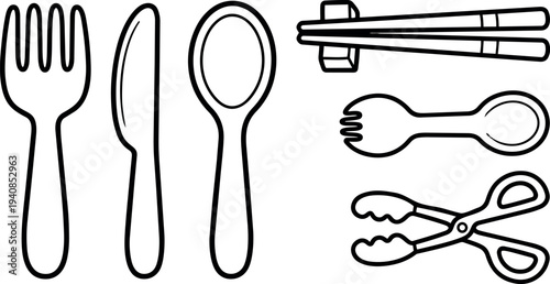 Line art close up set of kitchen utensils fork knife spoon chopsticks spork and tongs on white background clean bold outline