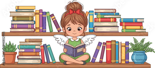 Cute little angel girl happily reading a book surrounded by colorful literature on shelves