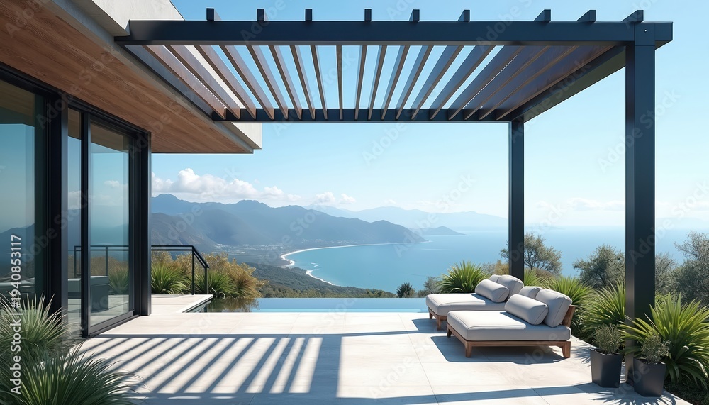 Naklejka premium Modern house patio with mountain and ocean view. Infinity pool and lounge chairs overlook serene bay. Contemporary architecture offers peaceful luxury vacation spot.