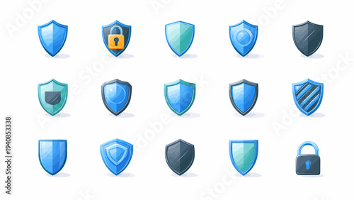 A collection of digital cyber security shield icons representing online protection