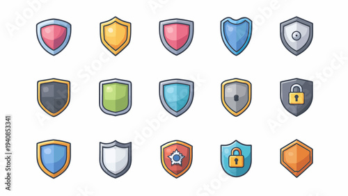 A collection of various shield icons and locks in different colors and designs.