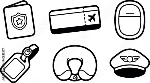 Line art icon set travel essentials passport boarding pass airplane window luggage tag neck pillow and pilot hat close up