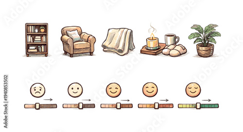 Cozy home flat icon set. comfort, relaxation, hygge, mood icons collection