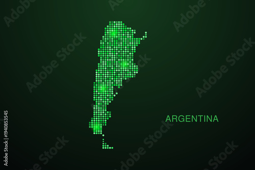 Argentina Map - Digital dotted map with glowing green points on dark background, modern technology style, abstract data network design, clean minimal geometric vector illustration.