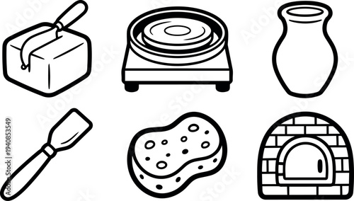 Line art pottery tools set close up showing clay block wire cutter pottery wheel vase sponge and spatula tools in studio