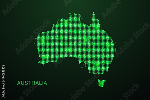 Australia Map - Digital dotted map with glowing green points on dark background, modern technology style, abstract data network design, clean minimal geometric vector illustration.