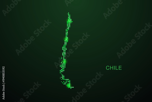 Chile Map - Digital dotted map with glowing green points on dark background, modern technology style, abstract data network design, clean minimal geometric vector illustration.