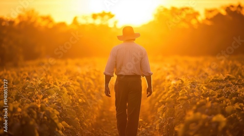 Farmer walking through a sunlit field at golden hour
