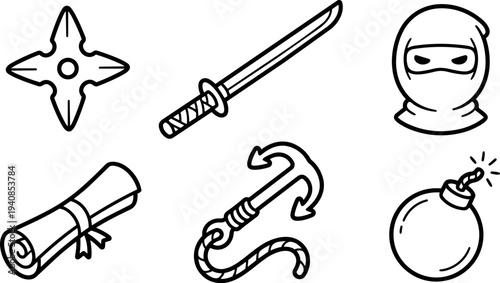 Line art icon set close up ninja weapons shuriken katana masked ninja scroll grappling hook and bomb isolated bold outline vector