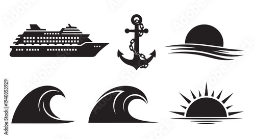Nautical icons set with cruise ship, anchor, waves and sunny horizons