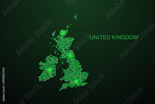 United Kingdom Map - Digital dotted map with glowing green points on dark background, modern technology style, abstract data network design, clean minimal geometric vector illustration.