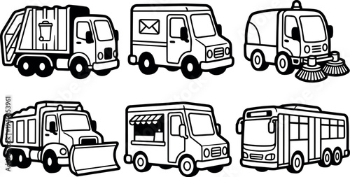 Line art icon set of six utility vehicles showing garbage truck mail van street sweeper dump plow food truck bus