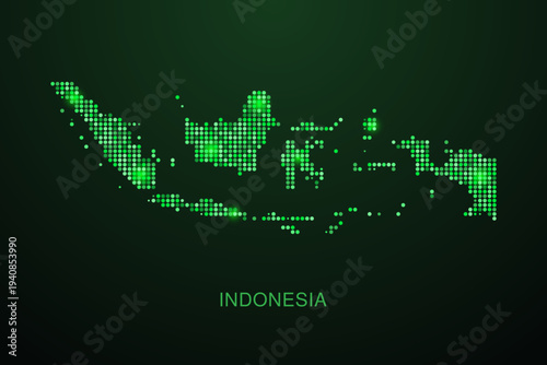 Indonesia Map - Digital dotted map with glowing green points on dark background, modern technology style, abstract data network design, clean minimal geometric vector illustration.