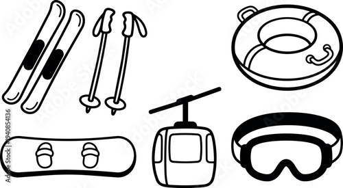 Line art vector ski equipment icon set showing skis poles snowboard gondola tube goggles in minimal black and white arrangement