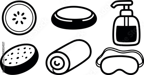 Line art design close up spa icon set with cucumber slice soap bar pump bottle sponge towel and eye mask relaxing