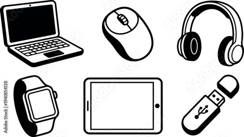 Flat icon set collection showing top view laptop mouse headphones smartwatch tablet and usb flash in monochrome bold line art
