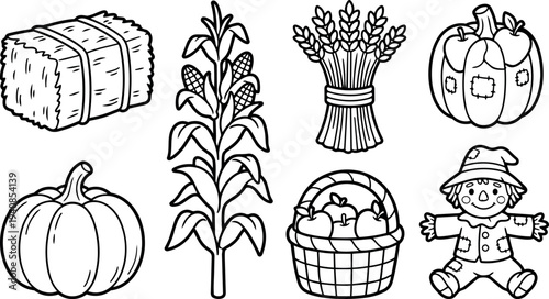 Line art cheerful outline icons set showing pumpkin corn stalk wheat sheaf hay bale apple basket and scarecrow for thanksgiving