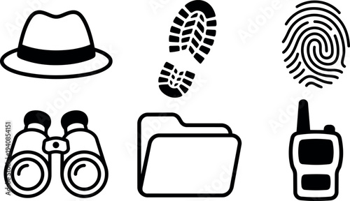 Line art icon set close up detective symbols fedora hat fingerprint footprint binoculars file folder walkie talkie bold black on white background