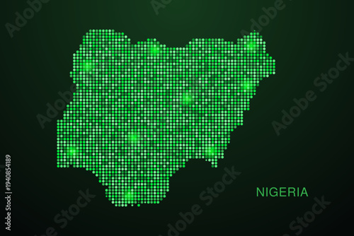 Nigeria Map - Digital dotted map with glowing green points on dark background, modern technology style, abstract data network design, clean minimal geometric vector illustration.