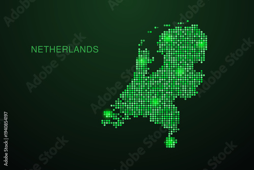 Netherlands Map - Digital dotted map with glowing green points on dark background, modern technology style, abstract data network design, clean minimal geometric vector illustration.