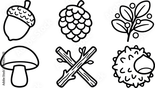 Minimalist line art vector icon set showing acorn pinecone mushroom crossed sticks chestnut burr and berry branch flat black outline