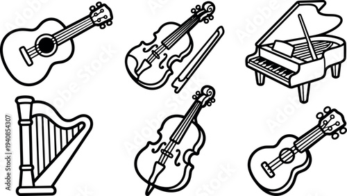 Line art vector icons of acoustic guitar violin cello harp and grand piano arranged in flat landscape with black outlines