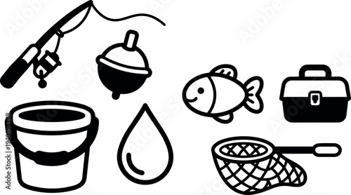 Line art fishing icons set showing close up rod and bobber, smiling fish, bucket, net and tackle box on white background