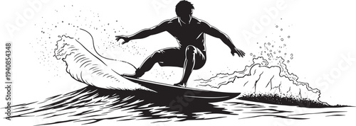 Dynamic Man Silhouette Surfing a Powerful Ocean Wave, Capturing the Thrill and Energy of Water Sports Adventure