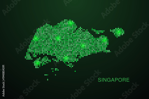 Singapore Map - Digital dotted map with glowing green points on dark background, modern technology style, abstract data network design, clean minimal geometric vector illustration.