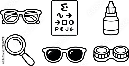 Line art medical icons of eyeglasses contact lens case eye chart eye drops magnifier and sunglasses arranged on white background