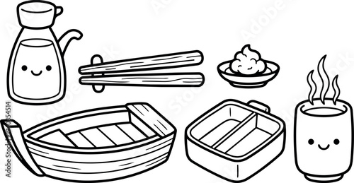 Kawaii line art close up of smiling sushi boat and divided bento box with chopsticks soy sauce cup steaming tea mug