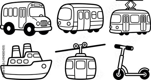 Line art vector transport icon set showing front bus subway train tram ferry cable car electric scooter on white background
