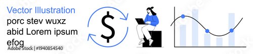 Financial strategies, business growth, currency flow, data analytics, economic research, market trends. Woman working on laptop next to dollar icon and graph. Financial strategies and business growth