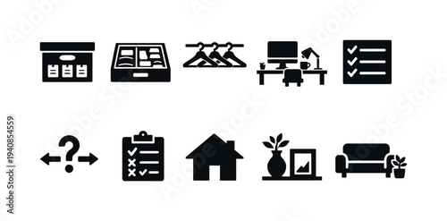 home and office solid icon set. furniture, decor, checklist, workspace icons collection