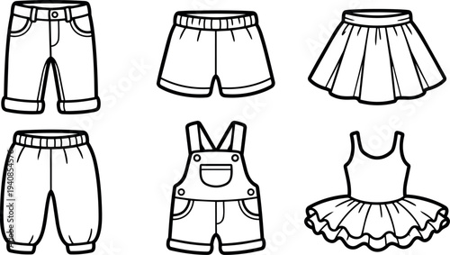 Line art icon set six childrens clothing items front view isolated black outline shorts skirt overalls pants tutu swimsuit vector