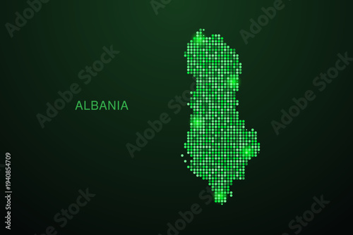 Albania Map - Digital dotted map with glowing green points on dark background, modern technology style, abstract data network design, clean minimal geometric vector illustration.