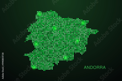 Andorra Map - Digital dotted map with glowing green points on dark background, modern technology style, abstract data network design, clean minimal geometric vector illustration.