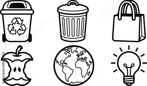 Line art outline icon set showing recycling bin and trash can with reusable bag, apple core, earth globe and lightbulb